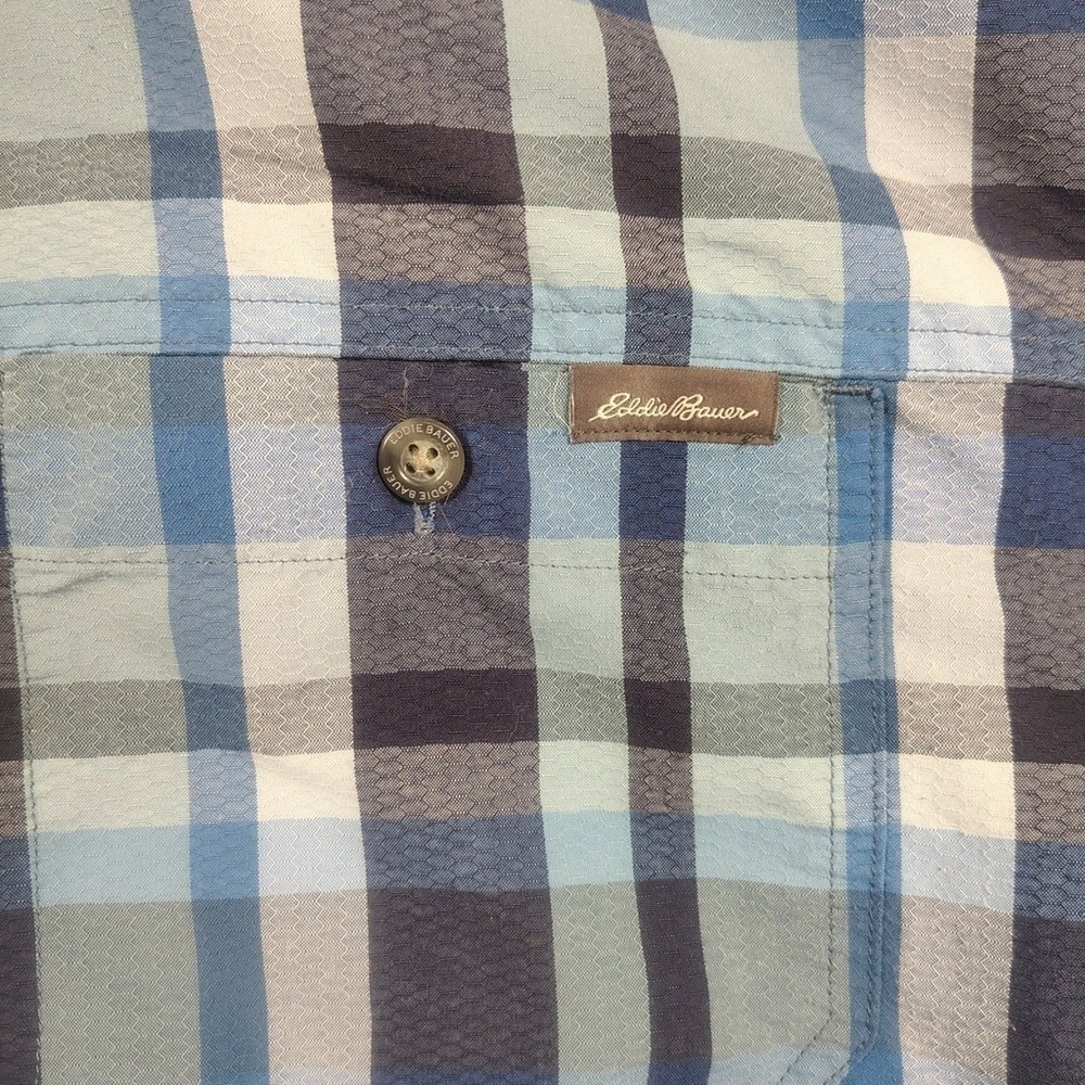 Eddie Bauer Shirt Mens 2XL Blue Classic Fit Plaid Nylon Blend Short Sleeve - Picture 11 of 12